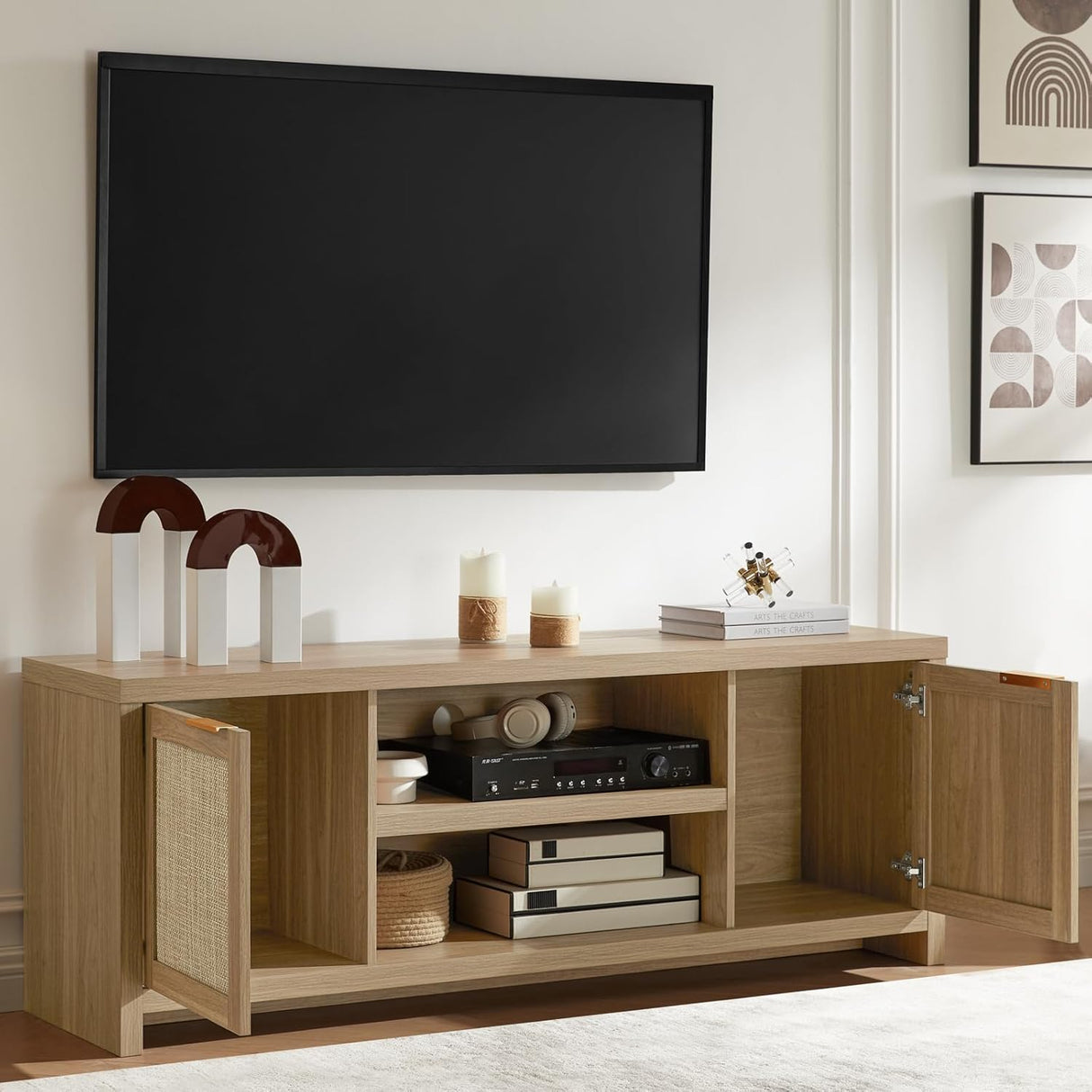 Rattan 65-Inch TV Stand with 2-Door Storage