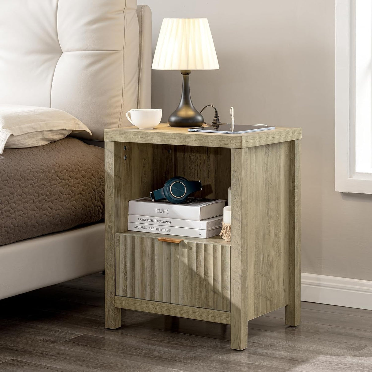 Wooden Fluted Single-Drawer Nightstand with Charging Station