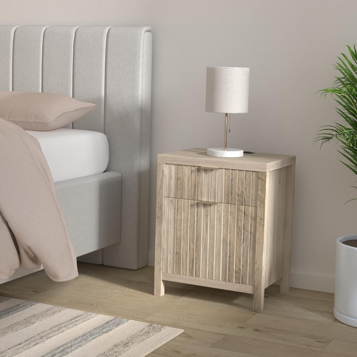 Wooden Fluted 2-Drawer Nightstand with Charging Station