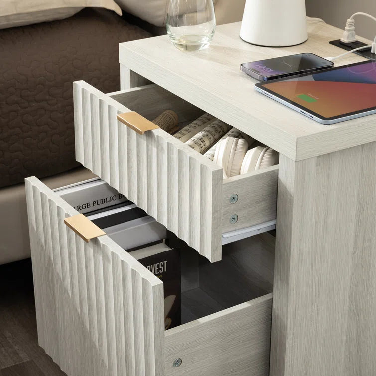 Wooden Fluted 2-Drawer Nightstand with Charging Station