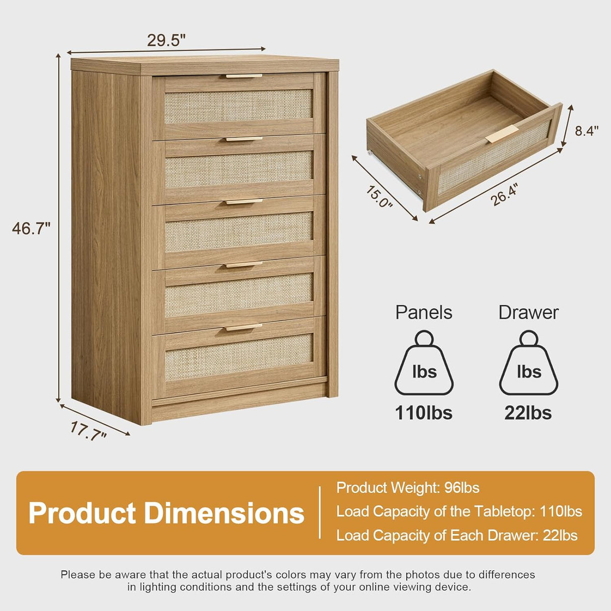 5 Drawer Rattan Dresser Storage Cane Cabinet