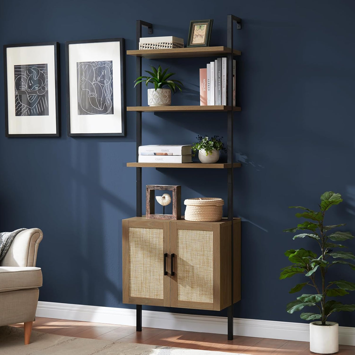 Rattan Ladder 5 Tier Open Tall Bookshelf