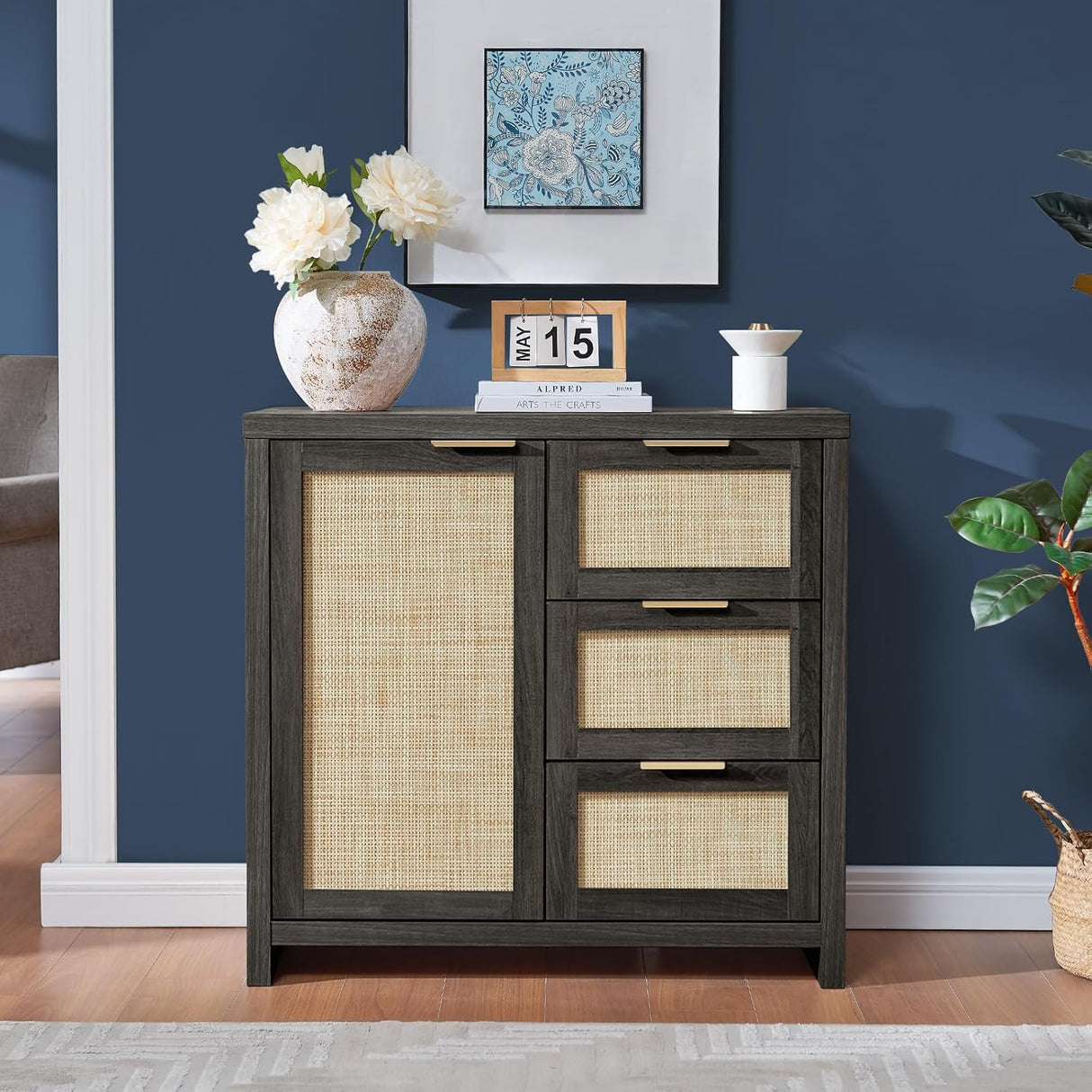 Rattan 3-Drawer 1-Door Storage Cabinet