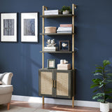 Ladder 73" 5-Shelf Bookcase with Rattan Cabinet