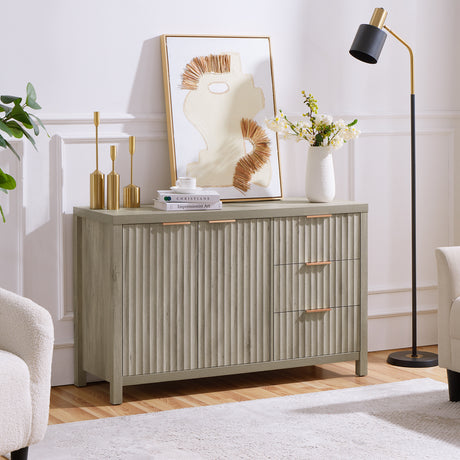 Wooden Fluted Storage Cabinet with Double Doors and 3 Drawers