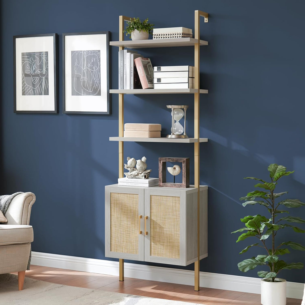 Ladder 73" 5-Shelf Bookcase with Rattan Cabinet