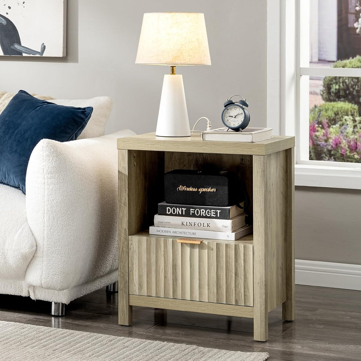 Wooden Fluted Single-Drawer Nightstand with Charging Station