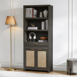 Rattan Double Doors Wooden 5-Tier Tall Bookcase Cabinet