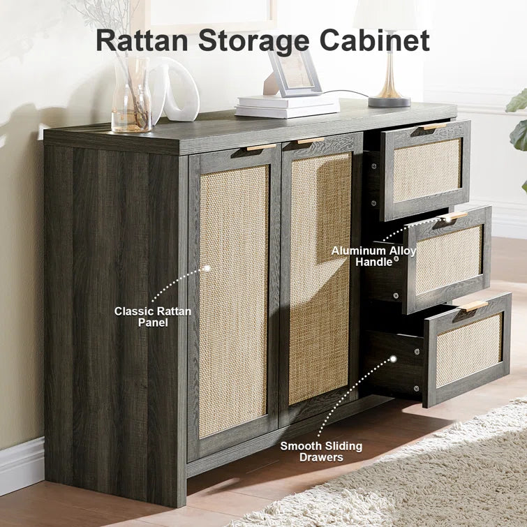 Rattan 3-Drawer 2-Door Storage Cabinet