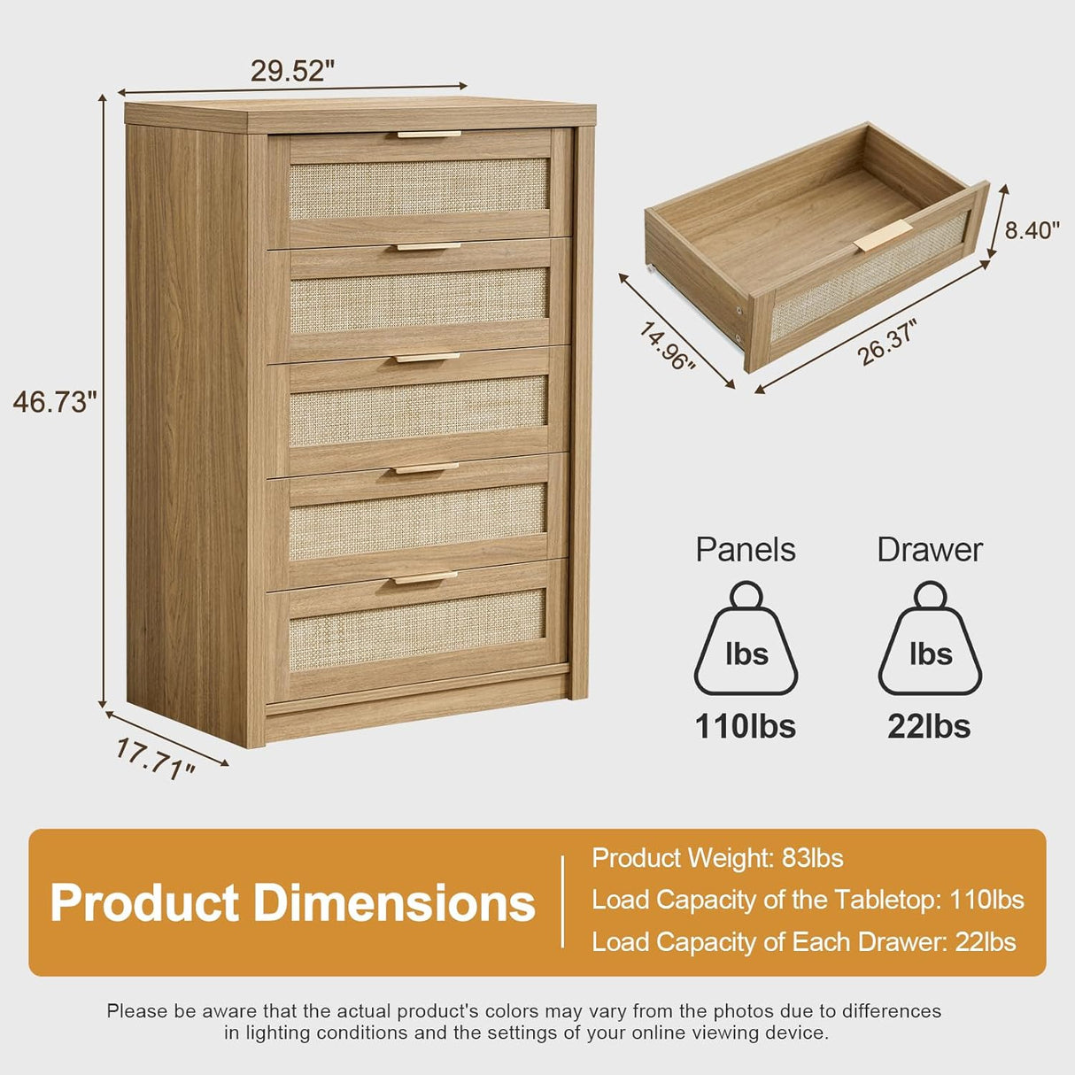 Rattan 5 Drawer Dresser Storage Cane Cabinet