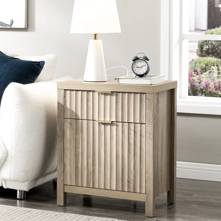 Wooden Fluted 2-Drawer Nightstand with Charging Station