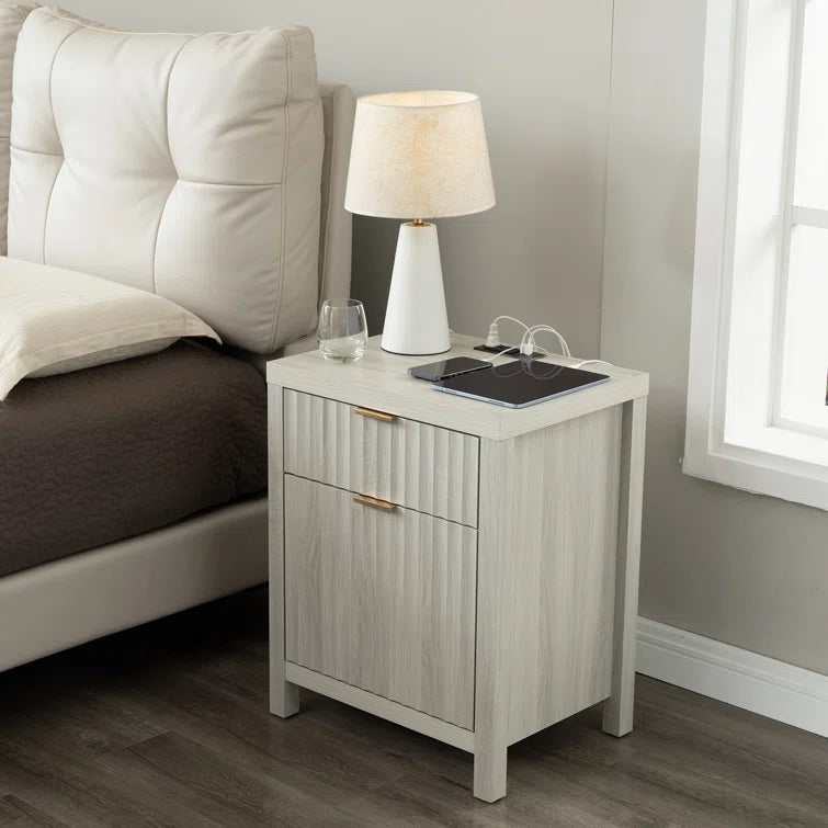 Wooden Fluted 2-Drawer Nightstand with Charging Station