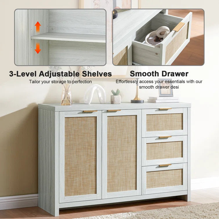 Rattan 3-Drawer 2-Door Storage Cabinet