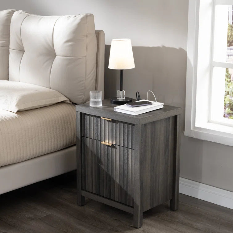 Wooden Fluted 2-Drawer Nightstand with Charging Station