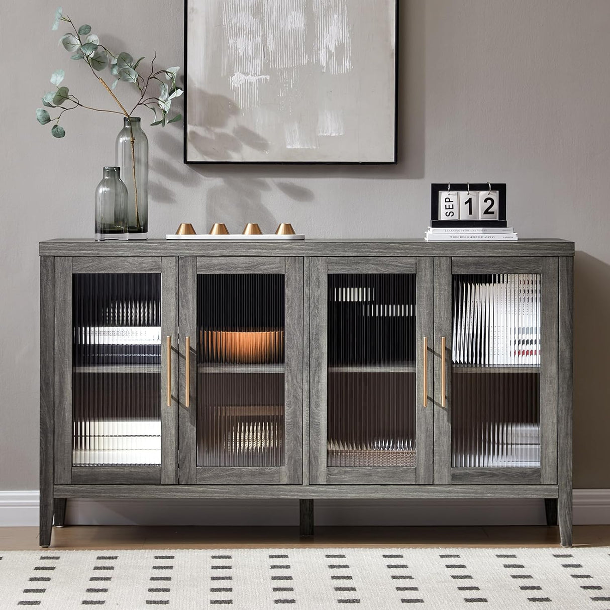 Fluted Reeded Glass Double Doors Wooden Kitchen Console Sideboard