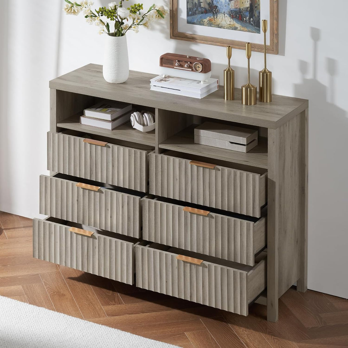 Oxford Fluted Wide Modern Wooden Chest of 6 Drawers