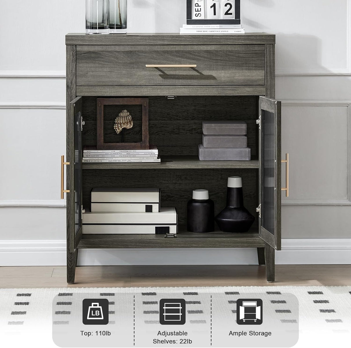 Modern Fluted Glass Sideboard with Adjustable Shelves