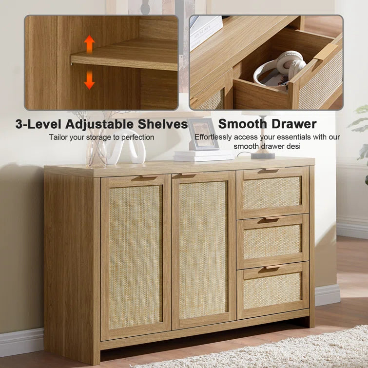 Rattan 3-Drawer 2-Door Storage Cabinet