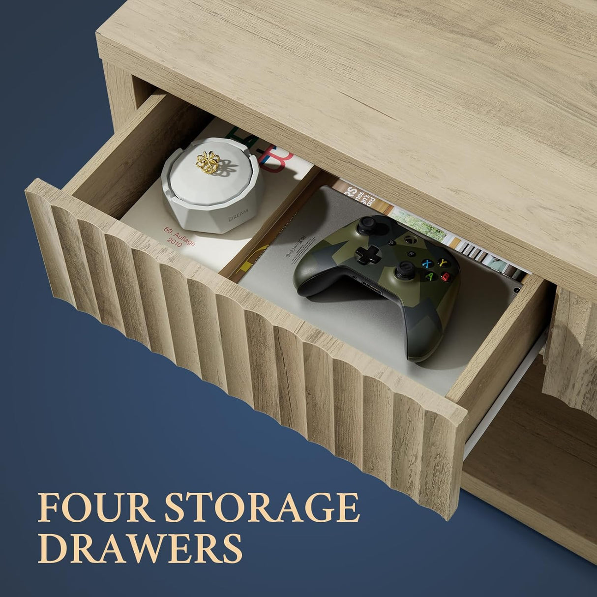 Wooden Fluted Coffee Table with 4 Storage Drawers