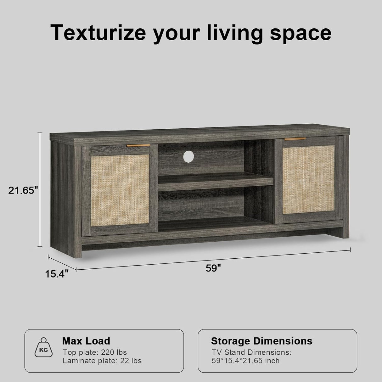 Rattan 65-Inch TV Stand with 2-Door Storage