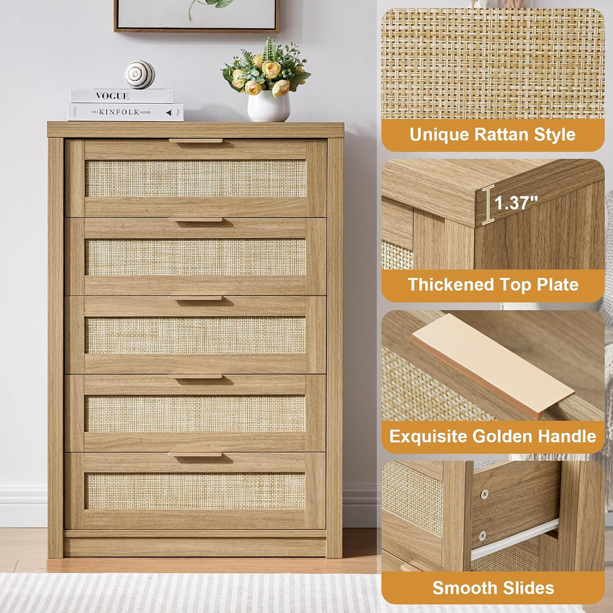 Rattan 5 Drawer Dresser Storage Cane Cabinet