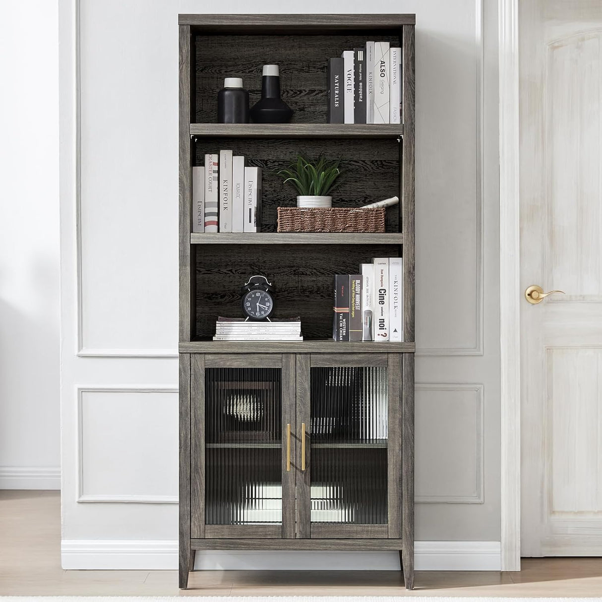 Bookcase, 5 Tier Bookshelf with Glass Doors Cabinet