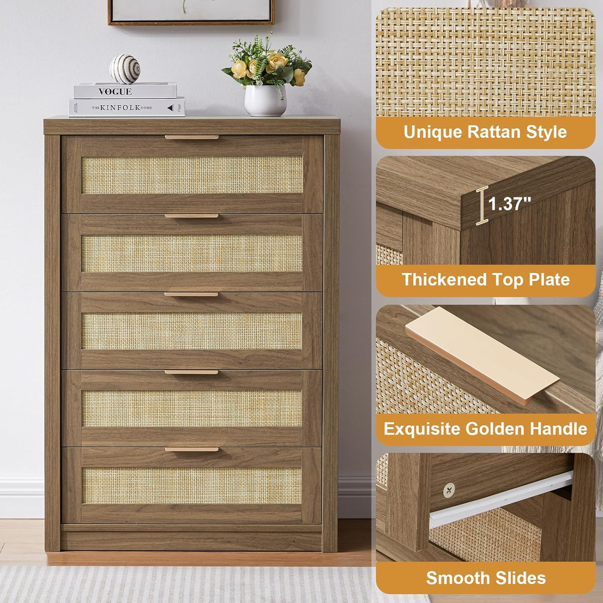 Rattan 5 Drawer Dresser Storage Cane Cabinet