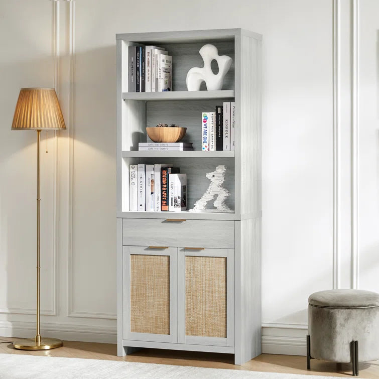 Rattan Double Doors Wooden 5-Tier Tall Bookcase Cabinet