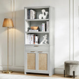 Rattan Double Doors Wooden 5-Tier Tall Bookcase Cabinet