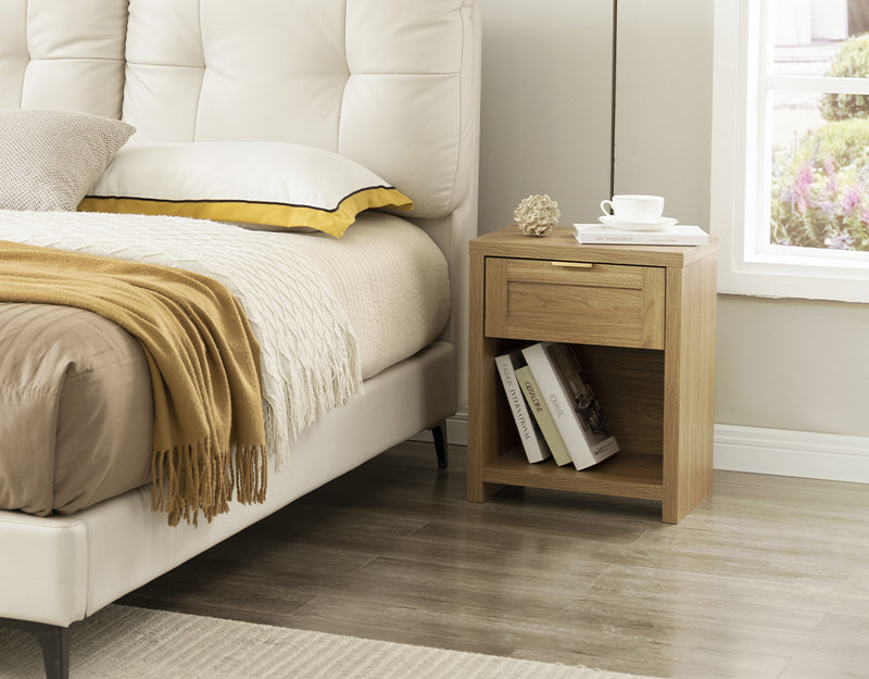 Wooden Fluted Single-Drawer Nightstand with Charging Station