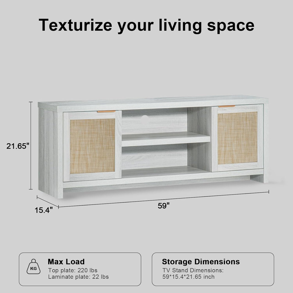 Rattan 65-Inch TV Stand with 2-Door Storage