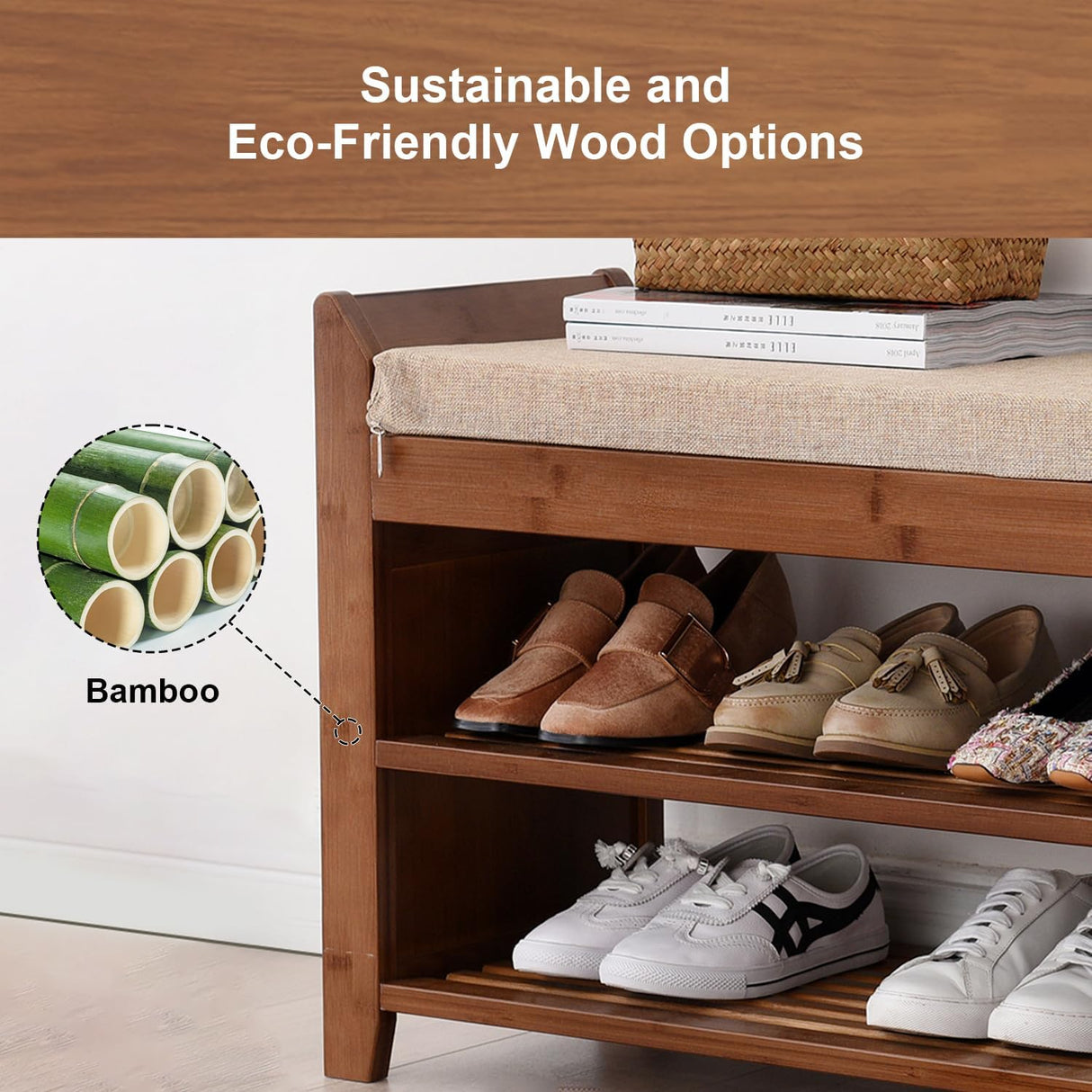 Bamboo Shoe Storage Bench with Hidden Drawer and Side Holder