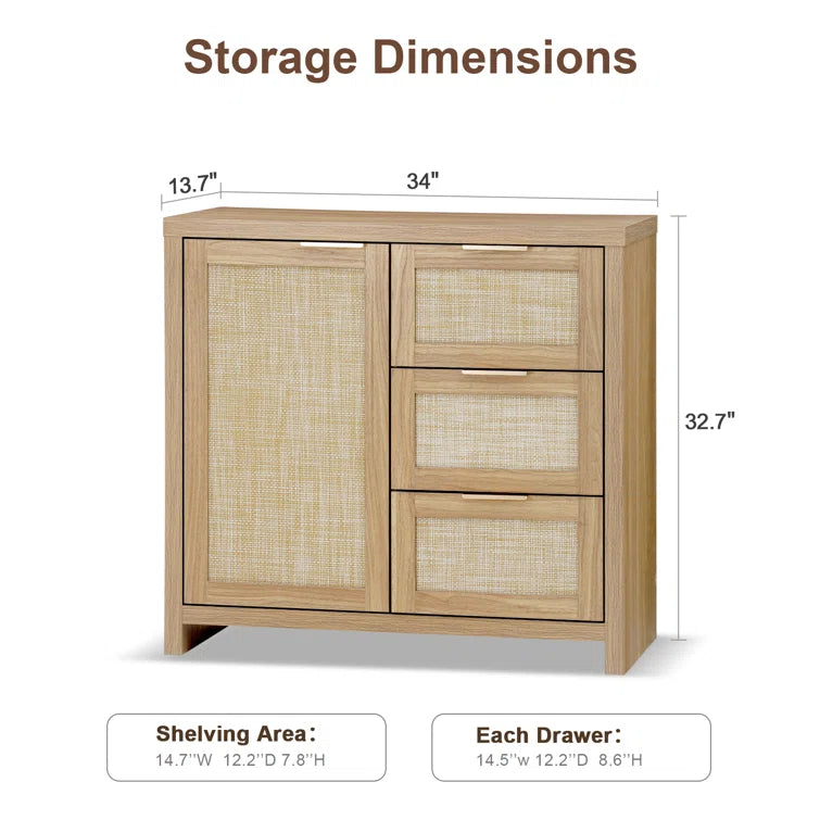 Rattan 3-Drawer 1-Door Storage Cabinet