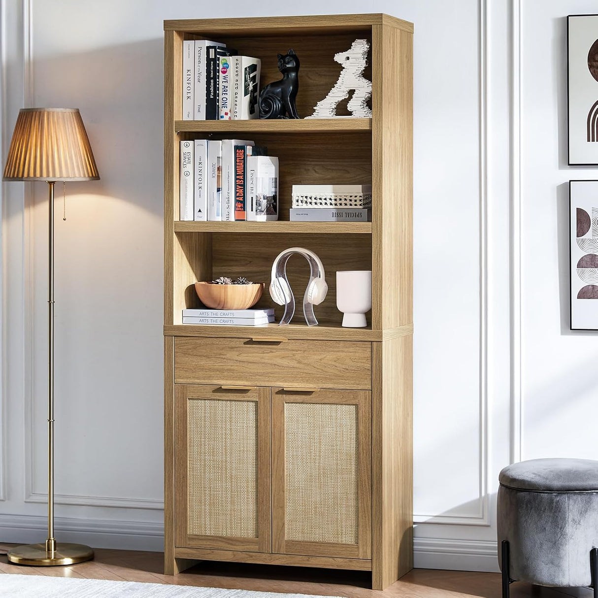 Hampstead Rattan 5-Shelf Bookcase with Door Cabinet