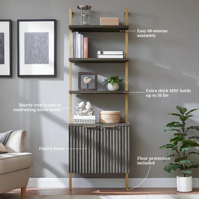 Wooden Fluted Ladder 5 Tier Open Tall Bookshelf