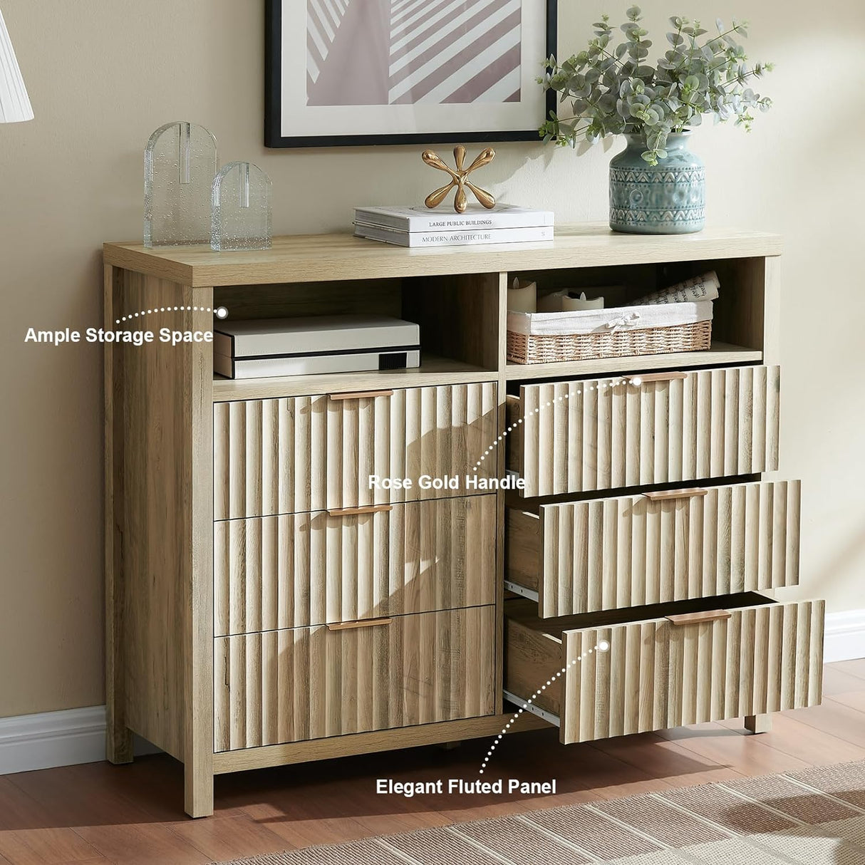 Wooden Fluted Wide Modern Chest of 6 Drawers