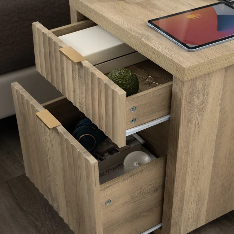 Wooden Fluted 2-Drawer Nightstand with Charging Station