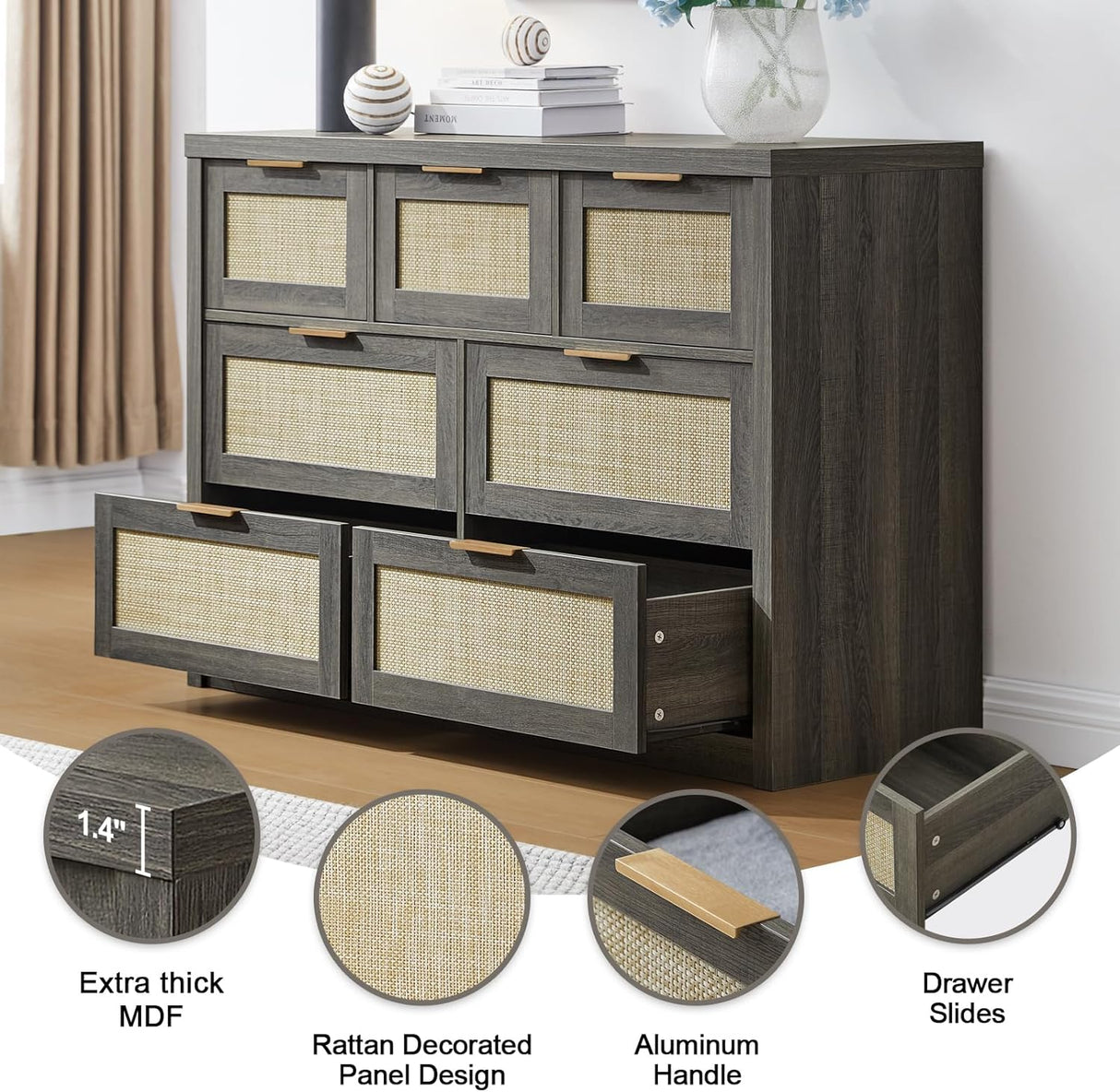 7 Drawer Dresser for Bedroom - Rattan dresser with metallic handles