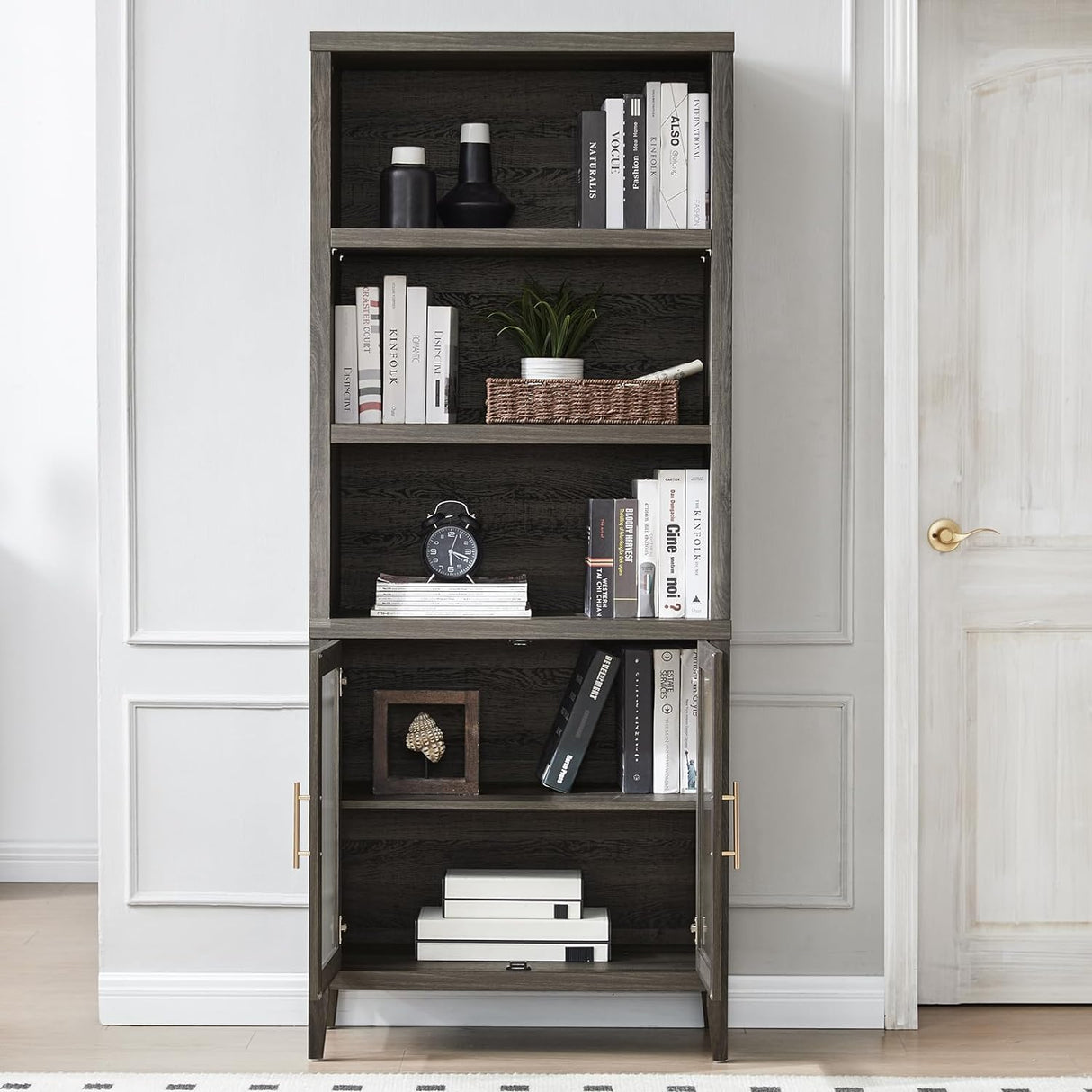 Bookcase, 5 Tier Bookshelf with Glass Doors Cabinet