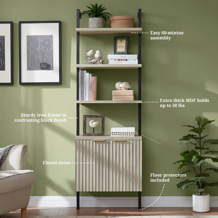 Wooden Fluted Ladder 5 Tier Open Tall Bookshelf