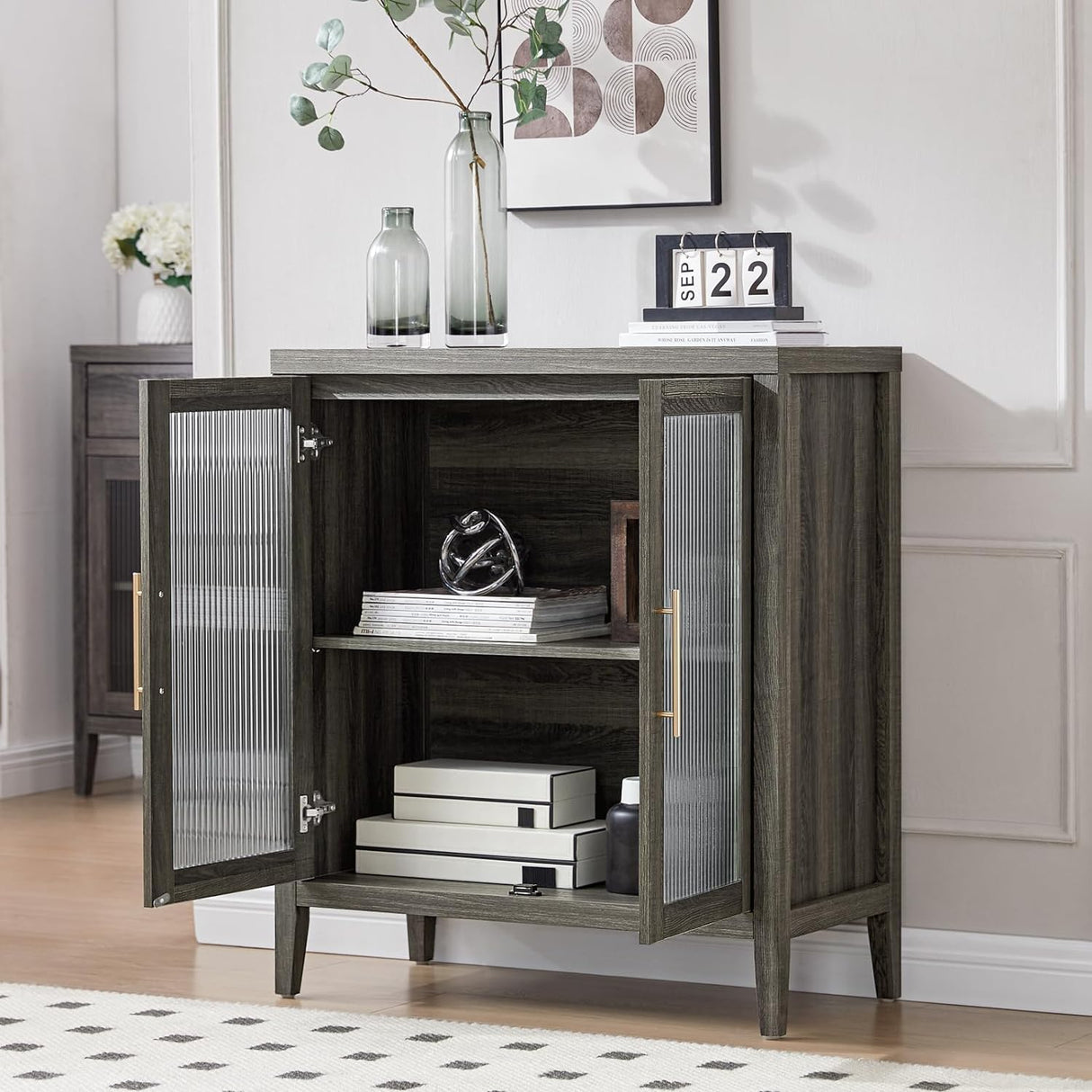 Fluted Reeded Glass Sideboard with Adjustable Shelf