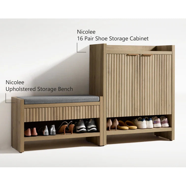 Wooden Fluted Shoe Storage Bench with 2 Drawers