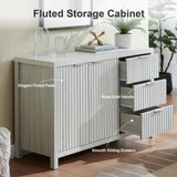 Wooden Fluted Storage Cabinet with Double Doors and 3 Drawers