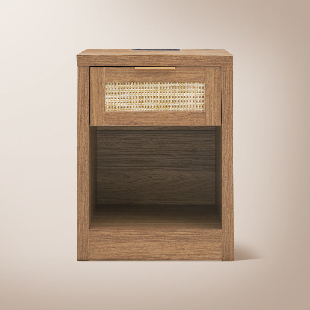 Rattan Single-Drawer Nightstand with Charging Station