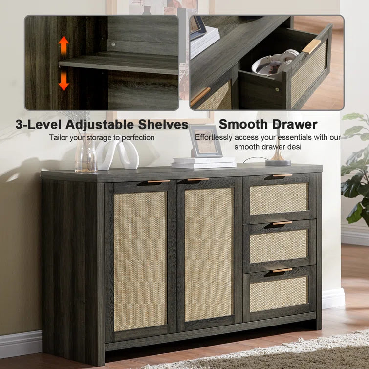 Rattan 3-Drawer 2-Door Storage Cabinet