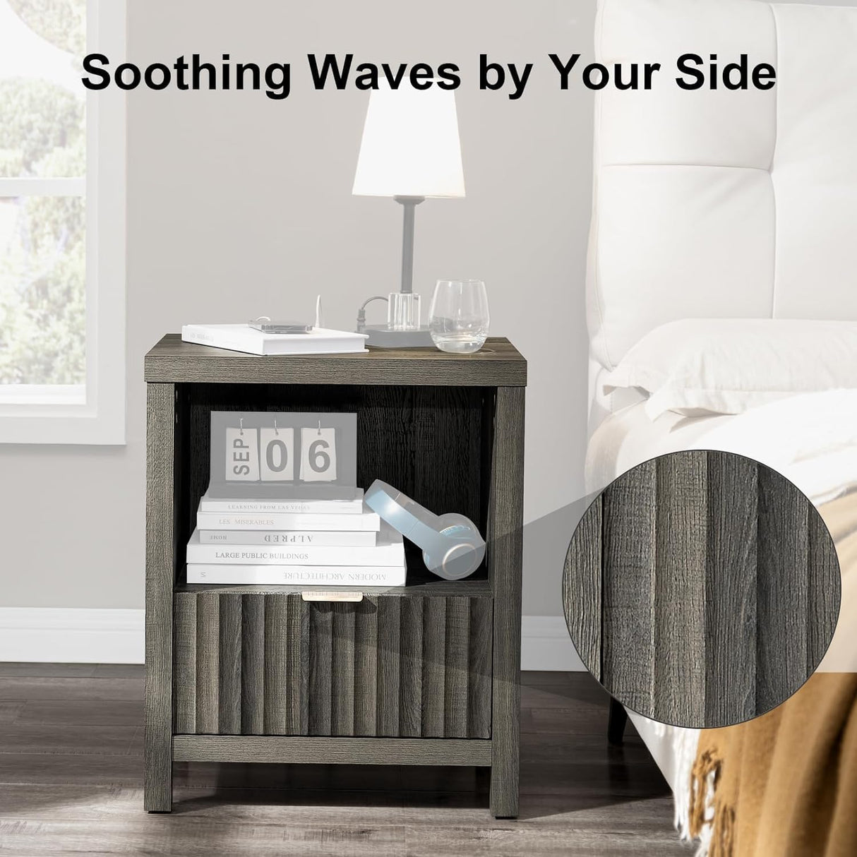 Wooden Fluted Single-Drawer Nightstand with Charging Station