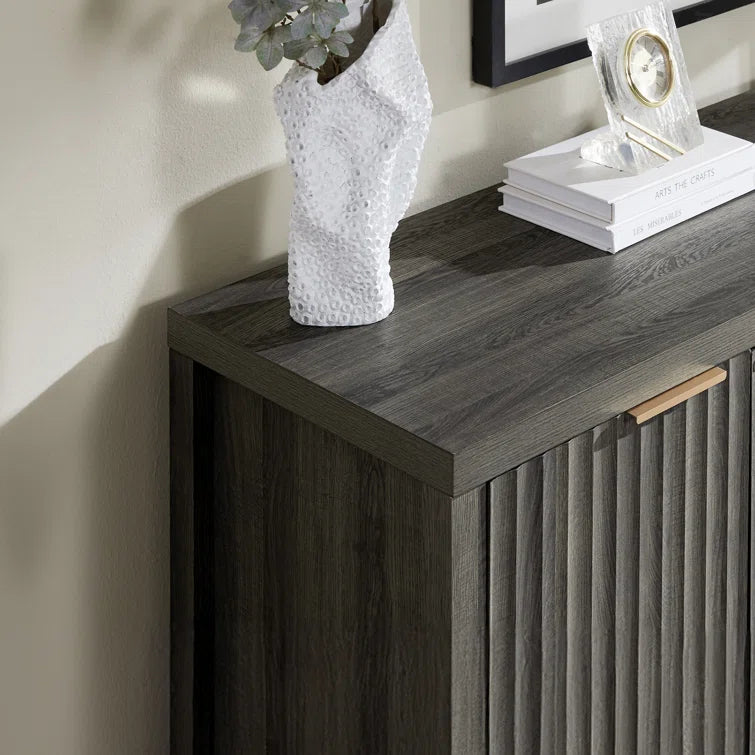 Wooden Fluted Storage Cabinet with Double Doors and 3 Drawers