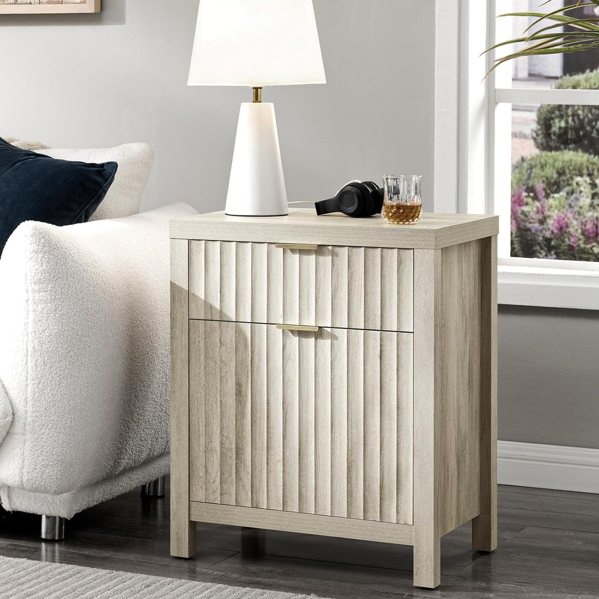 Oxford 2 Drawer Nightstand with Charging Station, Fluted Panel