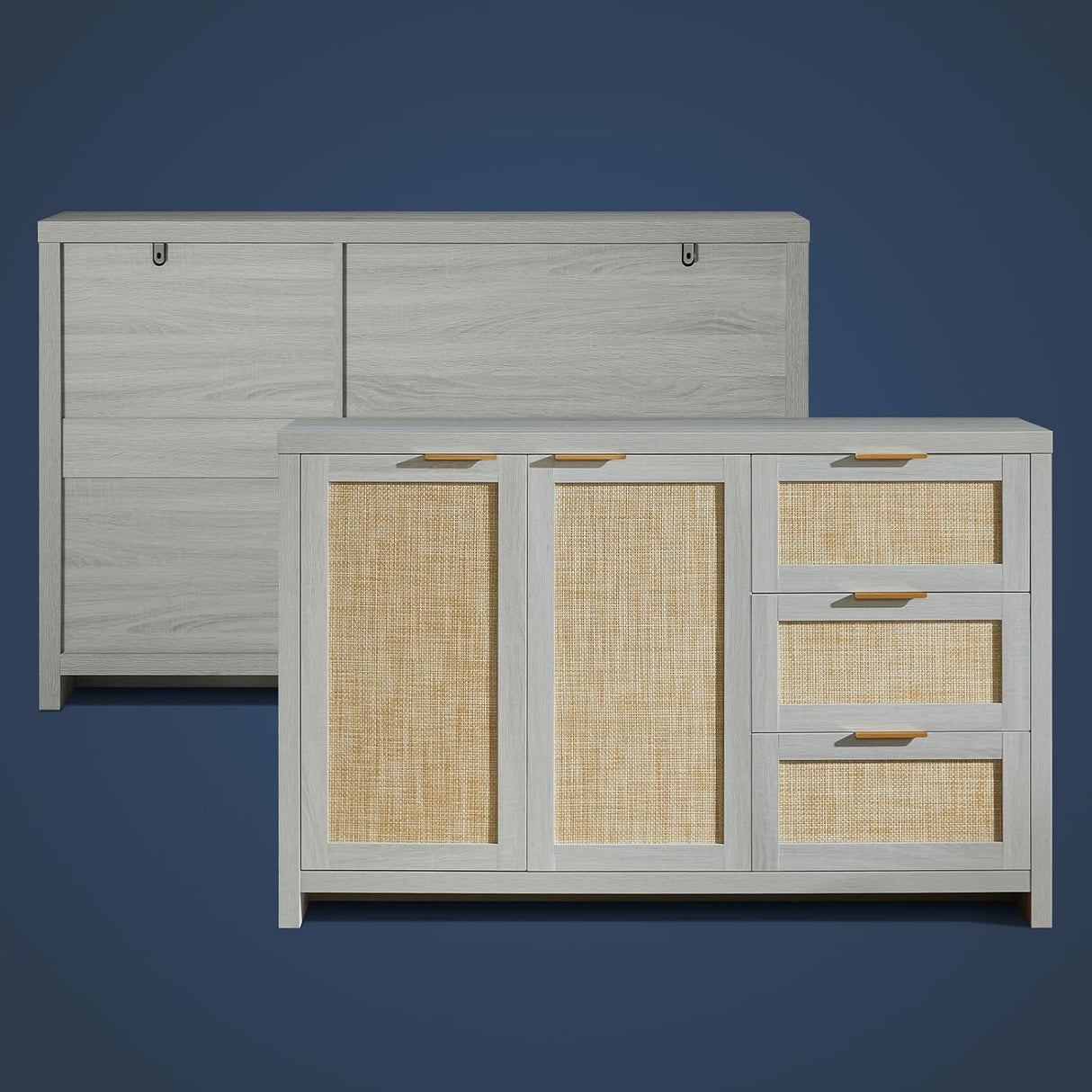 Rattan 3-Drawer 2-Door Storage Cabinet