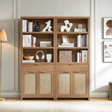 Rattan Double Doors Wooden 5-Tier Tall Bookcase Cabinet